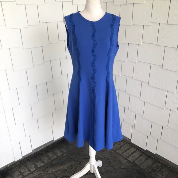 Lela Rose Women's Cobalt Blue Wave Lace Trim Sleeveless Fit & Flare Dress sz 10 - Picture 1 of 10